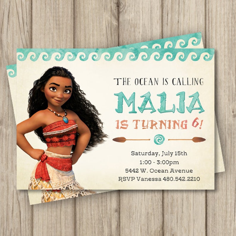 May include: A birthday invitation featuring Moana from Disney's Moana. The invitation is decorated with a blue and white watercolor wave pattern. The text reads "The Ocean is Calling Malia is Turning 6!" with details for the party including the date, time, and location.