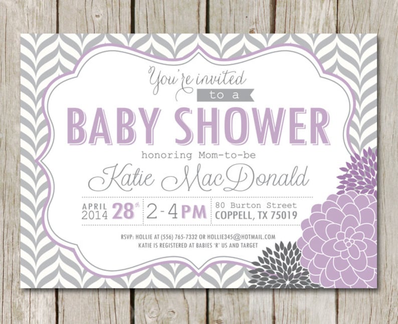 Purple BABY SHOWER Invitation - Purple Gray Chevron - Dahlia Mum Flowers - BS8 