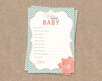 Wishes for Baby Card - Printable - Modern Pattern - Aqua & Coral