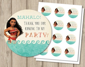 MOANA GRACIAS Etiquetas de Favor, Etiquetas de Favor de Moana, Etiqueta de Favor de Cumpleaños de Moana, Etiquetas de Favor de Moana Círculo o Cuadrado, Invitación de Moana (se vende por separado)