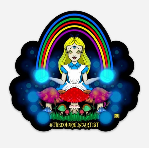 Trippy Alice in Wonderland Sticker – Psychedelic Mushroom Vinyl Decal, Funny Parody Art, 4.5” Durable Waterproof
