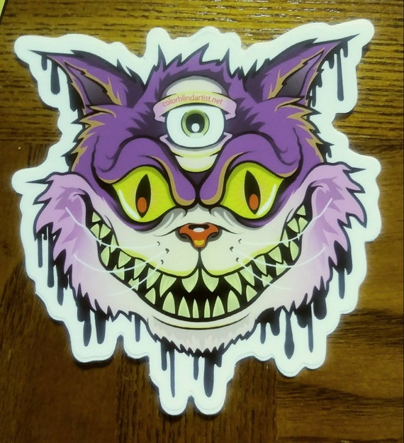 Cheshire Cat Sticker – 3-Eyed Alice Parody, Trippy Vinyl Decal, Waterproof 4” Art