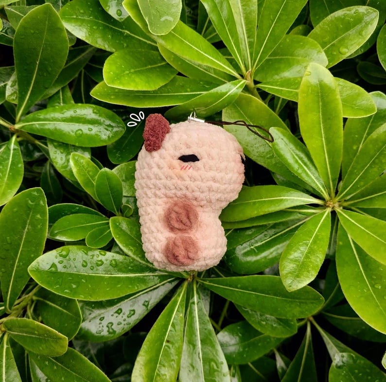 May include: A handmade, light pink crochet charm shaped like a stylized animal, possibly a capybara. It has dark brown accents and a small loop for attaching to a keychain or bag. The charm is set against a backdrop of lush, green leaves.