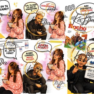 May include: A digital illustration featuring cartoon characters in various poses, holding signs and writing in notebooks. Speech bubbles contain text in Spanish. The artwork includes the text "KaDa Creations" and "Nacho Dominicano".