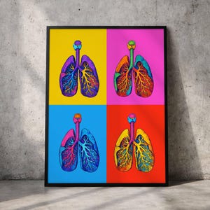 Könnte beinhalten: Ein gerahmter Kunstdruck mit einem Pop-Art-Design von Lungen. Das Kunstwerk ist in vier Quadrate unterteilt, jedes mit einer anderen leuchtenden Hintergrundfarbe: Gelb, Pink, Blau und Rot. Die Lungen sind in einer Vielzahl von Farben dargestellt.