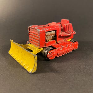 Super Bulldozer vintage, rood en gele Matchbox speelgoedauto van Lesney Products, Super Kings, Die Cast, zeldzaam, gemaakt in Engeland, 1974