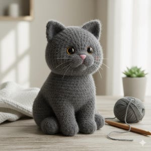 Peut inclure: Un chat gris au crochet, avec de grands yeux expressifs et un nez rose, est assis. Le chat fait à la main est à côté d'une pelote de laine grise et d'un crochet. L'image met en valeur le savoir-faire détaillé du jouet en peluche.