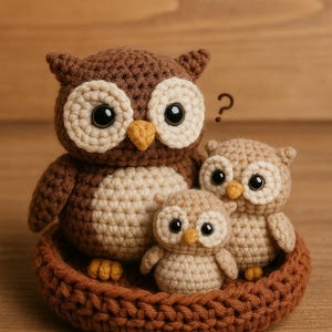 Puede incluir: Una familia de tres búhos de ganchillo en un nido marrón. Los búhos son marrones y beige con grandes ojos negros. El nido es de un marrón más oscuro. El fondo es una superficie de madera marrón claro. Un objeto decorativo encantador.