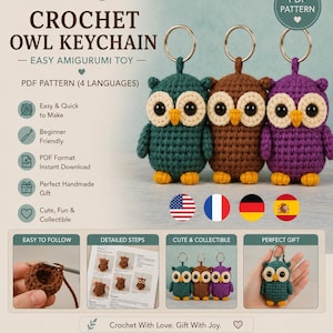 Patrón de llavero de búho a crochet – Juguete amigurumi fácil (patrón en PDF)
