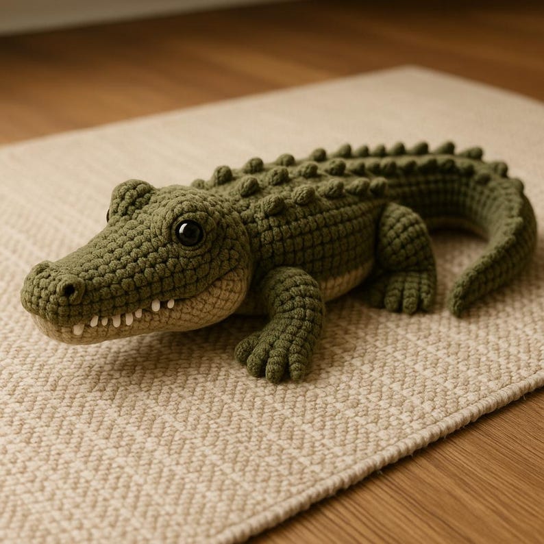 Puede incluir: Un juguete de cocodrilo de ganchillo hecho a mano, verde oliva, con un cuerpo texturizado detallado, peque&ntilde;os ojos negros y un vientre beige claro. El cocodrilo est&aacute; tumbado sobre una alfombra beige, mostrando sus caracter&iacute;sticas realistas.