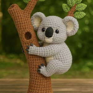 May include: A crocheted koala bear clings to a brown tree trunk with green leaves. The koala is grey with a black nose and small, dark eyes. The tree has a hole in the trunk.