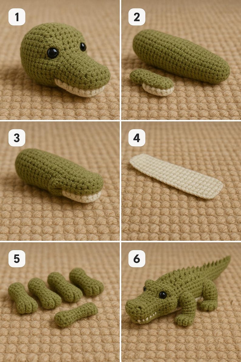 Puede incluir: Conjunto de piezas de ganchillo de un cocodrilo, incluyendo cabeza, segmentos del cuerpo, patas y cola, en diferentes etapas de montaje. Las piezas son de color verde. El cocodrilo es un art&iacute;culo hecho a mano.