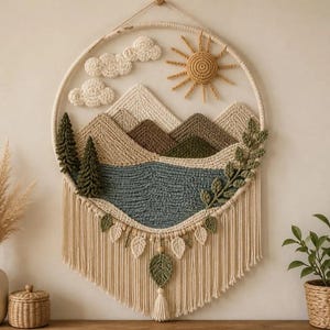 Op de afbeelding: Een handgemaakte wandhanger met een landschapsscène met bergen, een meer, zon en wolken. Het kunstwerk is gemaakt met getextureerd garen in neutrale tinten, met franjes aan de onderkant. Decoratieve bladeren en een kwastje voegen details toe.