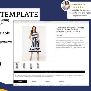 May include: A blue and white striped sleeveless dress with pockets. The dress has a fitted style and a midi length. The dress is shown on a model with a white background.