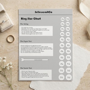 May include: A grey ring size chart from SellerscraftCo featuring instructions for string, paper, and circle tests. The chart includes a column of circular size indicators with metric measurements ranging from 14.3 mm to 22.4 mm for ring sizing.