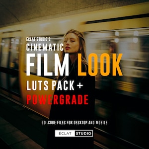 Peut inclure: Image publicitaire pour un pack de look de film. Le texte indique "ECLAT STUDIO'S CINEMATIC FILM LOOK LUTS PACK + POWERGRADE". Comprend "20 .CUBE FILES FOR DESKTOP AND MOBILE". Une femme se tient devant un train jaune flou.