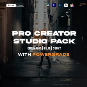 Può includere: Immagine promozionale per il Pro Creator Studio Pack di Éclat Studio. L'immagine mostra una persona che cammina in un vicolo buio, con il nome del prodotto e le caratteristiche in grande testo bianco. Il testo include "CINEMATIC | FILM | STORY" e "WITH POWERGRADE."