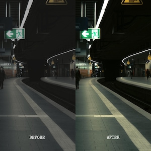 May include: A before and after image of a subway station. The 'before' image is darker, while the 'after' image is brighter. The station has a curved platform, with people walking along it. Overhead, there are exit signs and bright lights.