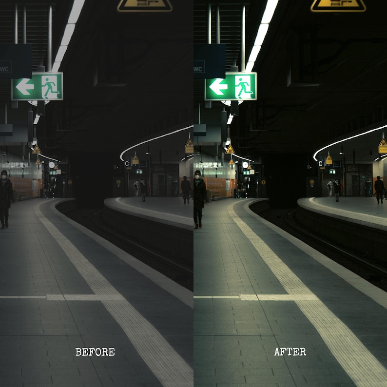 May include: A before and after image of a subway station. The 'before' image is darker, while the 'after' image is brighter. The station has a curved platform, with people walking along it. Overhead, there are exit signs and bright lights.
