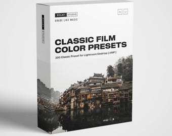 Könnte beinhalten: Eine Schachtel mit einem Schwarzweißbild einer Stadt auf der Vorderseite. Der Text auf der Schachtel lautet "ECLAT STUDIO", "GRADE LIKE MAGIC", "CLASSIC FILM COLOR PRESETS" und "200 Classic Preset for Lightroom Desktop [XMP]".