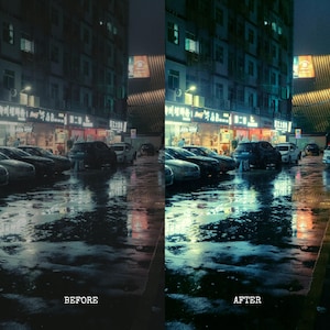 May include: A side-by-side comparison of a nighttime scene before and after editing. The image shows a wet street with parked cars, buildings, and storefronts. The edited version has a cooler color palette, with enhanced blues and greens, while the original is warmer.