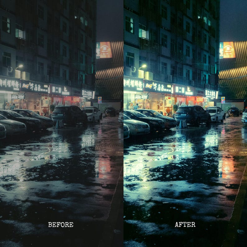 May include: A side-by-side comparison of a nighttime scene before and after editing. The image shows a wet street with parked cars, buildings, and storefronts. The edited version has a cooler color palette, with enhanced blues and greens, while the original is warmer.