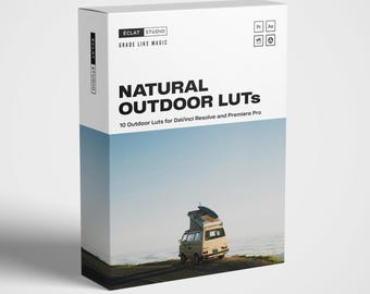 May include: A white product box with the text "ECLAT STUDIO" and "GRADE LIKE MAGIC". The box features the words "NATURAL OUTDOOR LUTS" and includes an image of a van on a road. The box contains 10 Outdoor Luts for DaVinci Resolve and Premiere Pro.