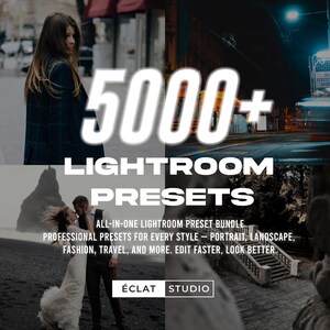 May include: A promotional image with the text "5000+ LIGHTROOM PRESETS". The image features a collage of photographs, including a woman in a city, a couple, and a night scene. The text also includes "ALL-IN-ONE LIGHTROOM PRESET BUNDLE".