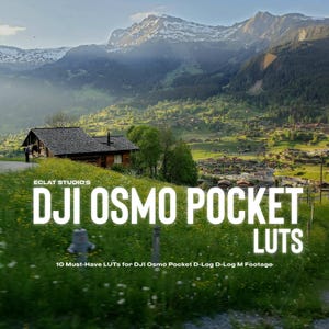 May include: Scenic landscape with a wooden cabin, green fields, and mountains in the background. The text "DJI Osmo Pocket LUTS" is displayed prominently, along with the phrase "10 Must-Have LUTs for DJI Osmo Pocket D-Log D-Log M Footage."