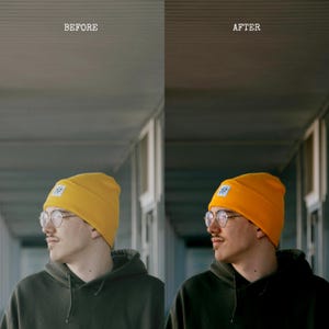 May include: A side-by-side comparison of an image before and after editing. The "BEFORE" image shows a person wearing a yellow beanie, glasses, and a dark green hoodie. The "AFTER" image shows the same person with a slightly different color tone.