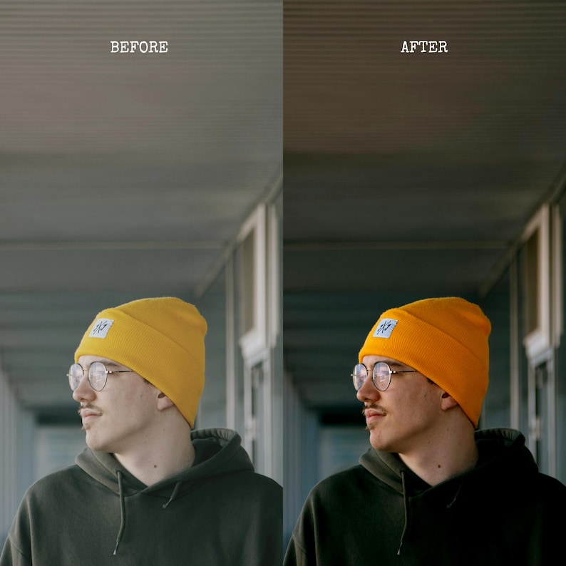 May include: A side-by-side comparison of an image before and after editing. The "BEFORE" image shows a person wearing a yellow beanie, glasses, and a dark green hoodie. The "AFTER" image shows the same person with a slightly different color tone.