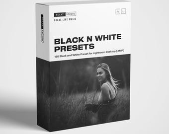 May include: A box of 180 black and white presets for Lightroom Desktop, labeled "Black N White Presets" with a photo of a woman in a field of grass.