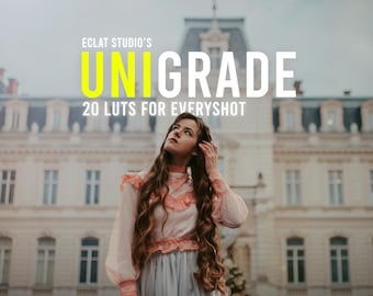 Paquete UniGrade LUT: 20 preajustes .CUBE para todas las tomas, ideales para la corrección de color cinematográfica en DaVinci Resolve, FCP y CapCut.