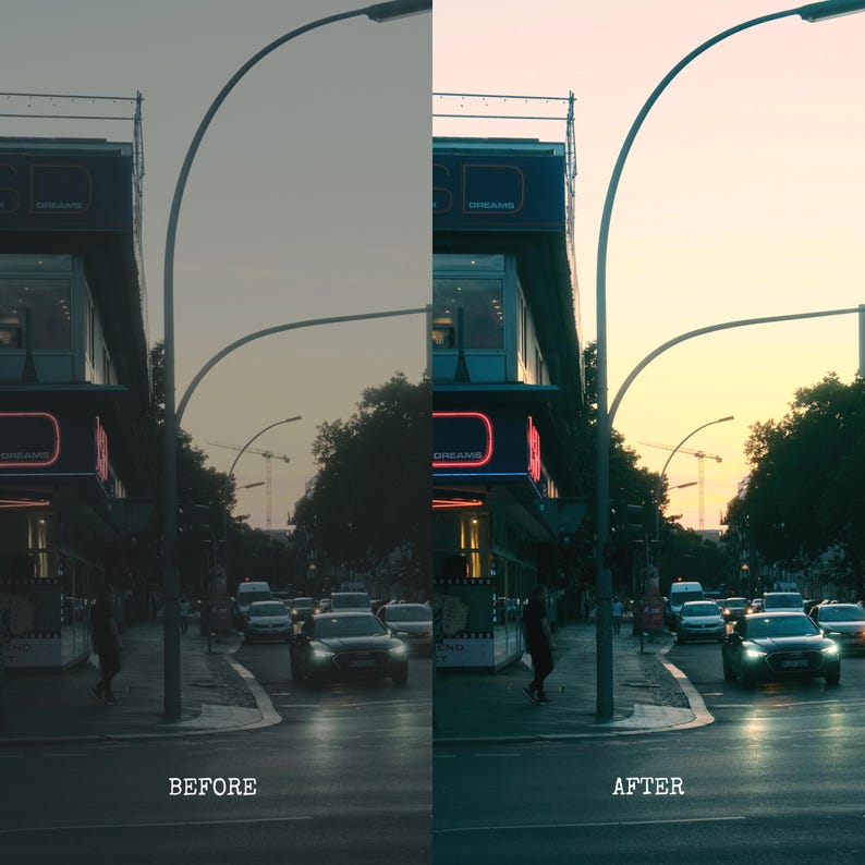 May include: A split image showing a before and after comparison of a street scene. The left side, labeled "BEFORE," has a muted color palette. The right side, labeled "AFTER," has enhanced colors, with a vibrant sky and illuminated building signs. Cars and streetlights are visible.