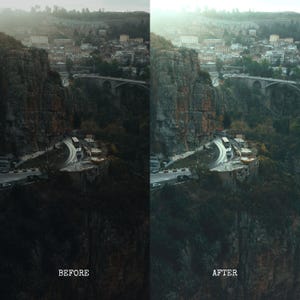 May include: An aerial view of a city nestled between a large rock formation and a mountain. A winding road with vehicles and a bridge are visible. The image is split, with "BEFORE" and "AFTER" text.