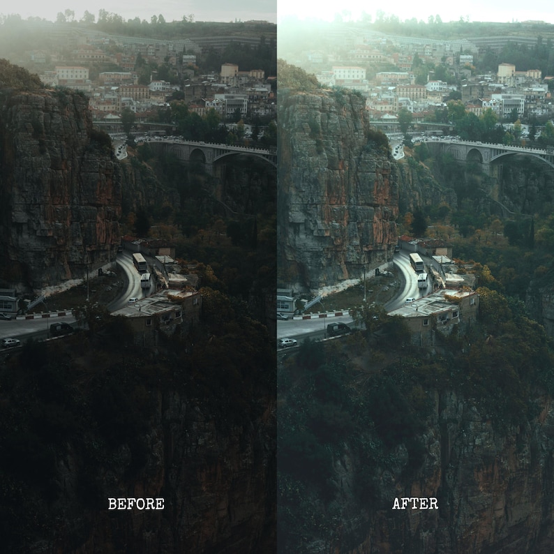May include: An aerial view of a city nestled between a large rock formation and a mountain. A winding road with vehicles and a bridge are visible. The image is split, with "BEFORE" and "AFTER" text.