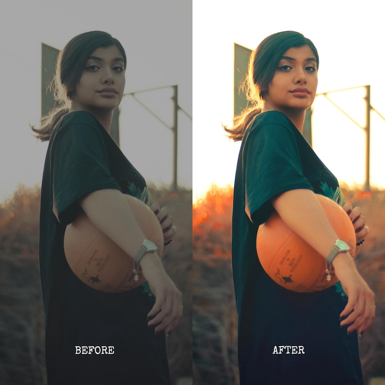 May include: A woman in a dark green t-shirt holds an orange basketball. She wears a silver watch. The image has a before and after comparison, with the text "BEFORE" and "AFTER" at the bottom. The background is blurred.