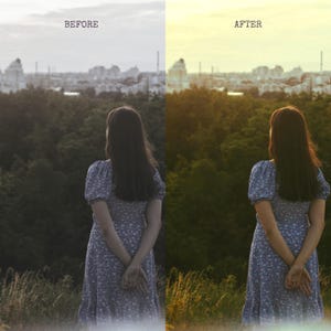 May include: A split image showing a woman in a blue floral dress, standing with her back to the viewer, hands clasped behind her. The left side is labeled "BEFORE" and appears desaturated. The right side, labeled "AFTER", has warmer tones.