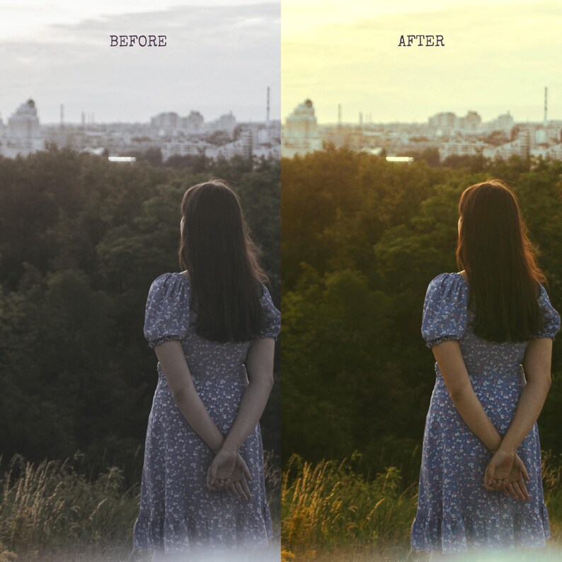 May include: A split image showing a woman in a blue floral dress, standing with her back to the viewer, hands clasped behind her. The left side is labeled "BEFORE" and appears desaturated. The right side, labeled "AFTER", has warmer tones.