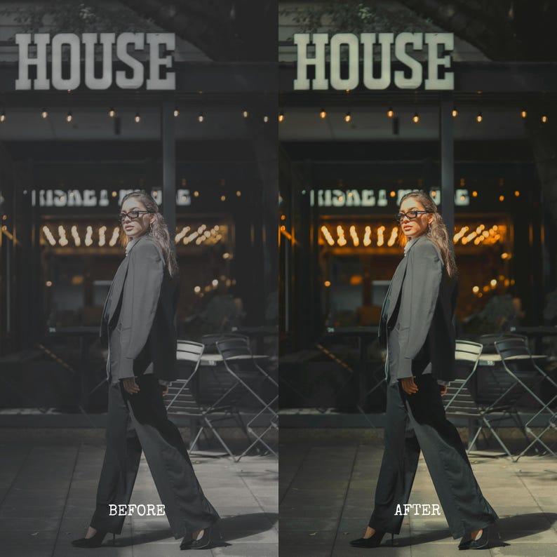 May include: A woman in a gray suit walks on a sidewalk in front of a restaurant with the word "HOUSE" in large letters above the entrance. The image is split, with "BEFORE" on the left and "AFTER" on the right.