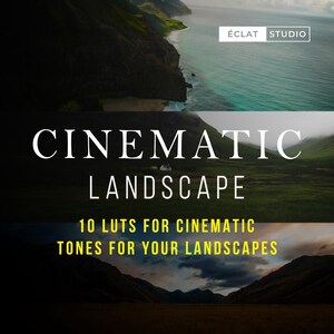 Peut inclure: Image avec le texte "CINEMATIC LANDSCAPE" en blanc, et "10 LUTS FOR CINEMATIC TONES FOR YOUR LANDSCAPES" en jaune. Le haut de l'image montre un paysage côtier avec des montagnes vertes et une eau turquoise.