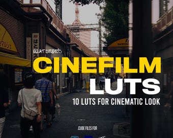 May include: Image promoting "CINEFILM LUTS" with text overlay. The image shows a street scene with people walking. The text includes "10 LUTS FOR CINEMATIC LOOK" and software logos. The background is a blurred street scene.