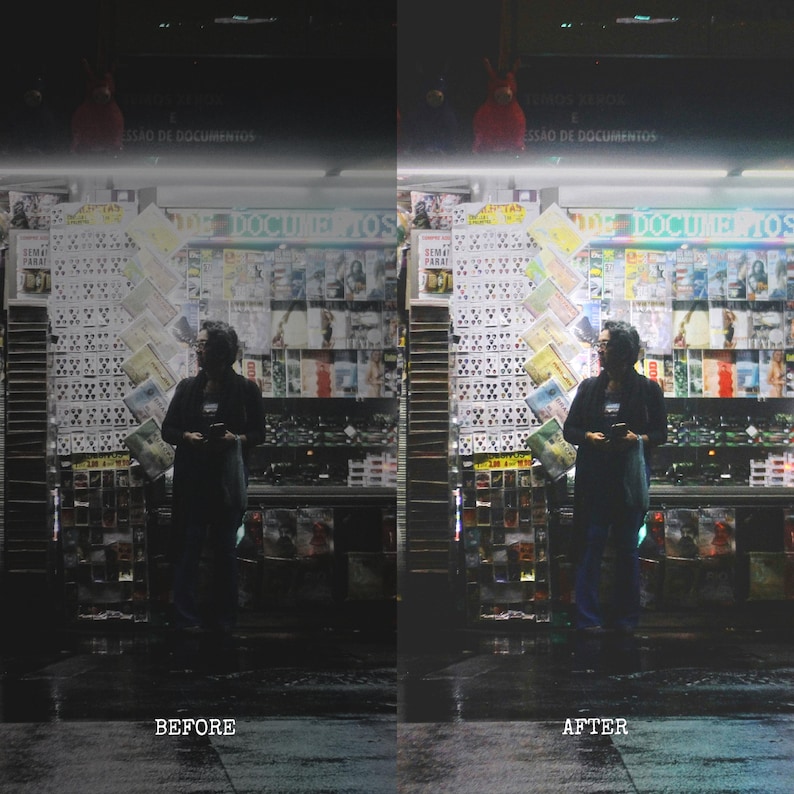 May include: A side-by-side comparison of a street scene before and after photo editing. The 'before' image shows a person standing in front of a shop with posters. The 'after' image has enhanced lighting and color. Text includes 'SSAD DE DOCUMENTOS' and 'DE DOCUME IOS'.