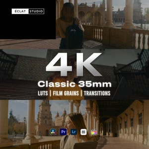 May include: A promotional image with the text "4K Classic 35mm" and the words "LUTS | FILM GRAINS | TRANSITIONS". The image also includes the "ÉCLAT STUDIO" logo and video editing software icons.
