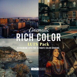 May include: A promotional image featuring four distinct scenes with a cinematic aesthetic. The text "Cinematic RICH COLOR LUTS Pack" is prominently displayed, along with "10 PREMIUM LUTS FOR ULTIMATE COLOR GRADING". The scenes include cityscapes, coastal views, and a woman.