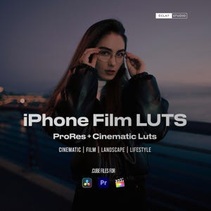 May include: A person wearing glasses is the focal point, with the text "iPhone Film LUTS" prominently displayed. The image also includes "ProRes + Cinematic Luts" and keywords: "CINEMATIC | FILM | LANDSCAPE | LIFESTYLE". The image also includes the text ".CUBE FILES FOR" and icons for editing software.