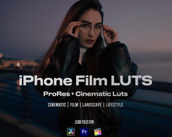 May include: A woman wearing glasses is featured in front of a blurred background. The text "iPhone Film LUTS" is displayed, along with "ProRes + Cinematic Luts" and keywords: "CINEMATIC | FILM | LANDSCAPE | LIFESTYLE". The image also includes the text ".CUBE FILES FOR" and icons for editing software.