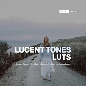 Könnte beinhalten: Eine Person geht auf einem Weg, mit dem Meer im Hintergrund. Das Bild zeigt den Text "LUCENT TONES LUTS" und "Lucent Tones - 10 LUTs for effortlessly clean, luminous visuals."