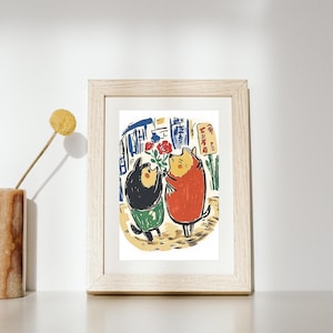 Plakat z zabawnymi psami i różami, Fantazyjny wydruk artystyczny z psem, Romantyczna dekoracja ścienna do pokoju dziecięcego, Sztuka do pokoju dziecięcego, Ilustracja z kwiatowym psem, Pobierz natychmiast