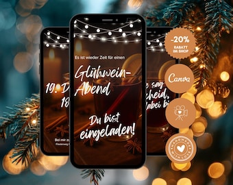 Convite em vídeo digital para uma noite de vinho quente via WhatsApp | Festa de vinho quente de inverno | Cartão virtual aconchegante | Canva | Convite para uma noite de Natal e inverno